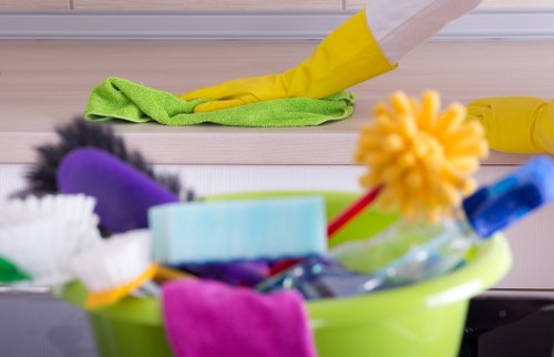Kitchen and bathroom domestic cleaning tasks in a tidy home