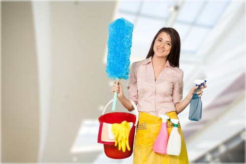 Weekly domestic cleaning schedule with organized household tools